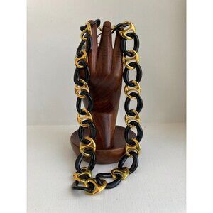 Signed Napier Vintage Brushed Gold Tone and Black Enamel Link Necklace 20" NWT